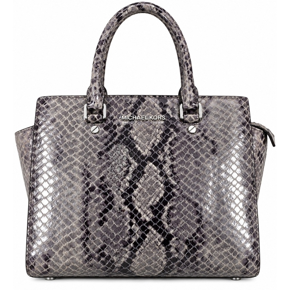 Michael Kors Selma Satchel Grey Snakeskin Embossed Leather Handbag Silver Tone